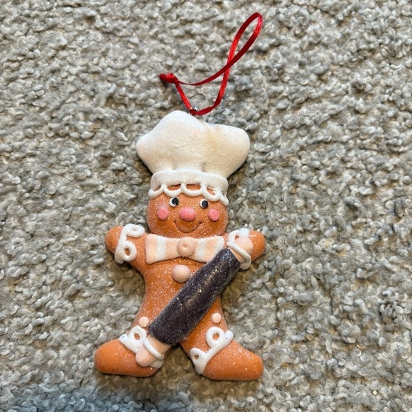 Blush Pink and White Clay Gingerbread Chef Decorative Ornament, 4.5” Rolling Pin - Picture 2 of 4